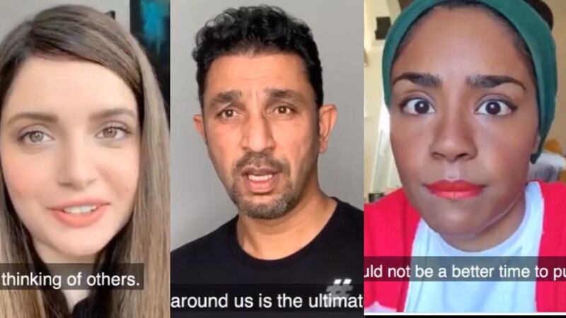 Celebrities in the UK have released a video encouraging people to stay home over the Eid holiday: from left to right, Armeena Khan, Azhar Mahmood and Nadiya Hussain.