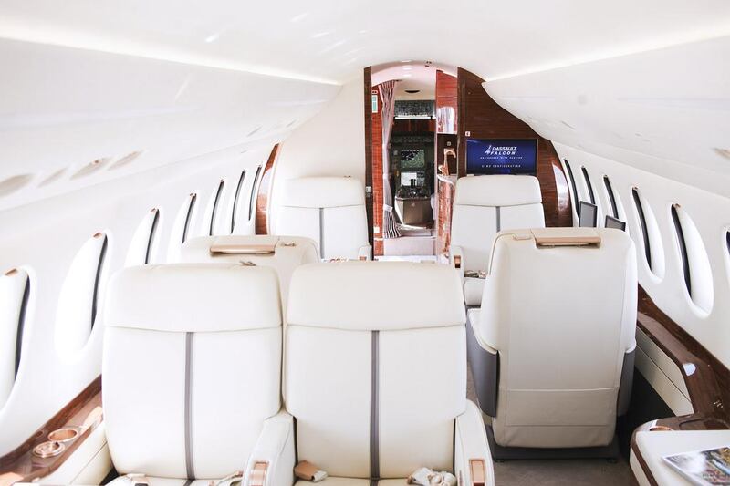 The interior of Dassault’s latest model, the Falcon 7x, on display at the Abu Dhabi Air Expo. Lee Hoagland / The National