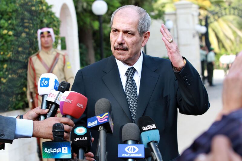 Fayez Tarawneh speaks to the media after his swearing-in ceremony as Jordan’s prime minister at Raghadan Palace in Amman in May 2012. Reuters