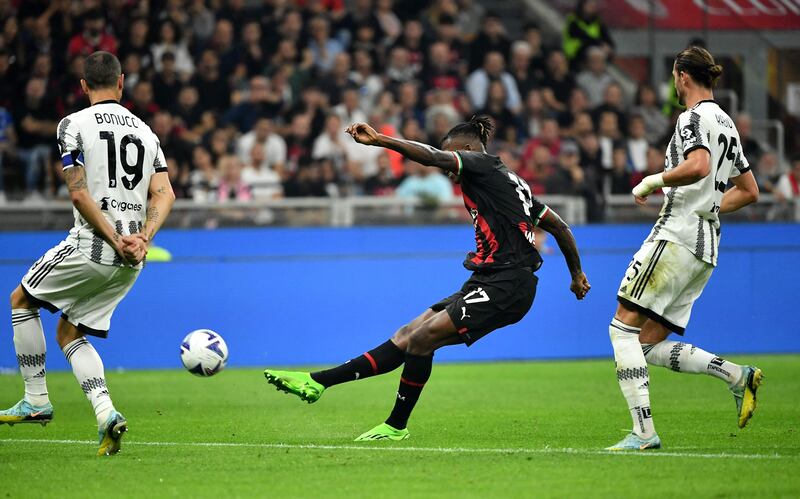 AC Milan forward Rafael Leao takes a shot on goal. AFP