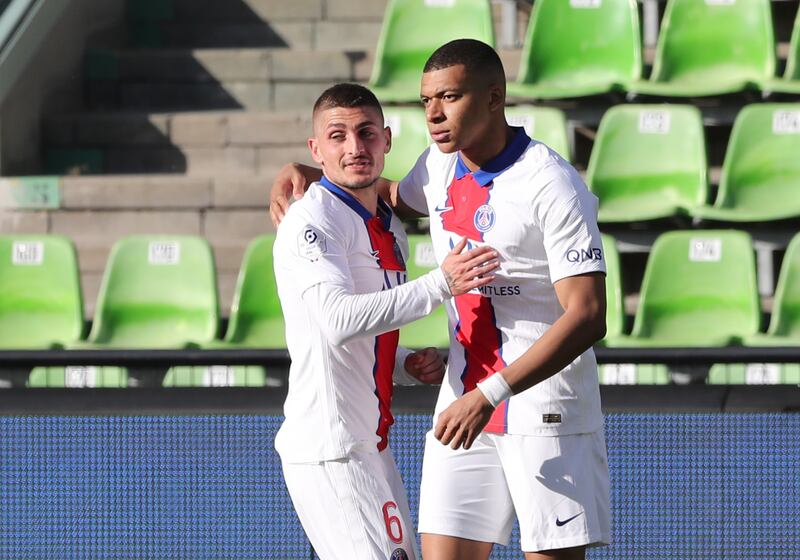 Kylian Mbappe celebrates scoring their second goal with Marco Verratti. Reuters