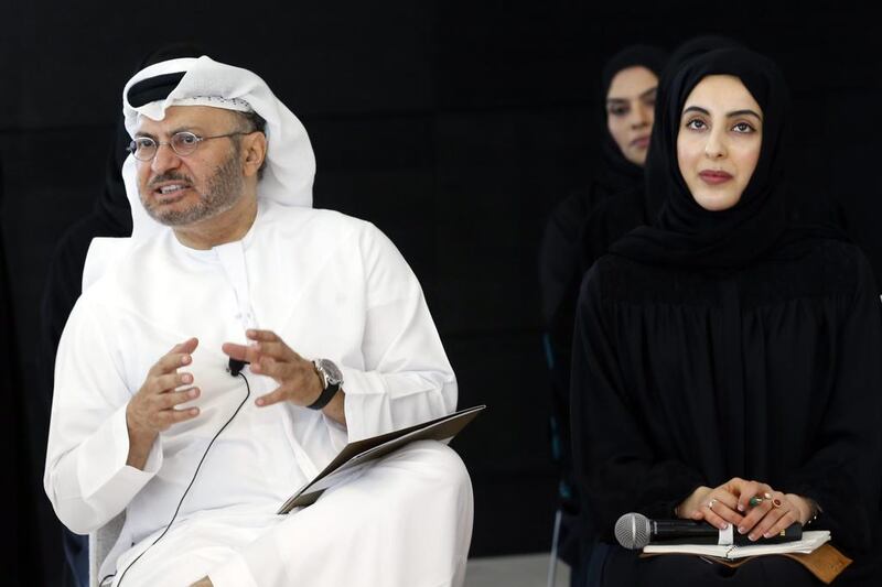 Dr Anwar Gargash, Minister of State for Foreign Affairs, answers questions on the challenges facing the UAE. Also pictured: Shamma Al Mazrui, Minister of State for Youth Affairs. Courtesy Aletihad
