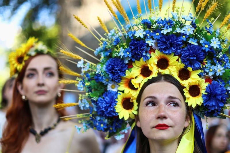 Krystyna Kopaczewska takes part in a Ukrainian Independence Day rally outside Downing Street in London. Reuters
