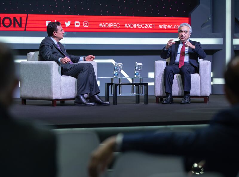 Fatih Birol, right, executive director, International Energy Agency, in discussion with John Defterios, professor of business, NYU Abu Dhabi. Mr Birol received a Lifetime Achievement award at the Adipec Awards.