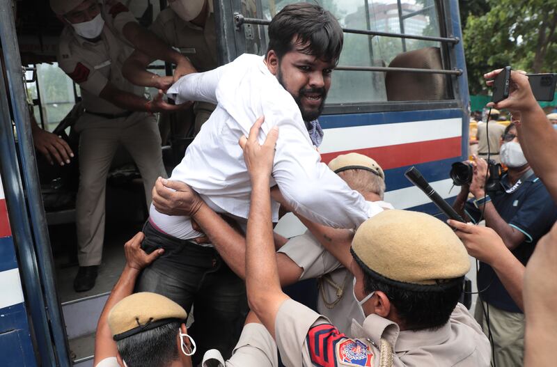 Indian Police detain Youth Congress activists as they take part in a protest march on Indian Prime Minister Narendra Modi's birthday. EPA