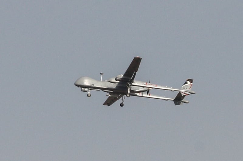 An Israeli Heron military drone flies over the southern Israeli city of Ashdod near the border with Gaza in 2019. AFP