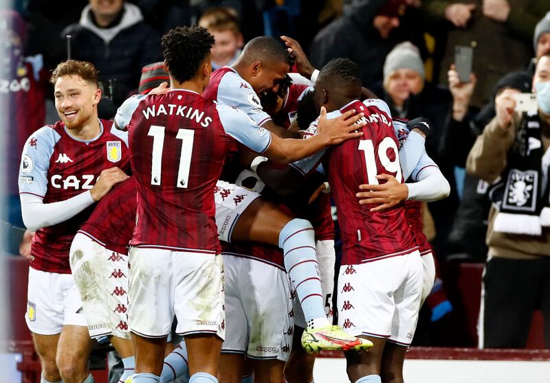 Aston Villa's Ezri Konsa celebrates scoring their second goal with teammates. Reuters