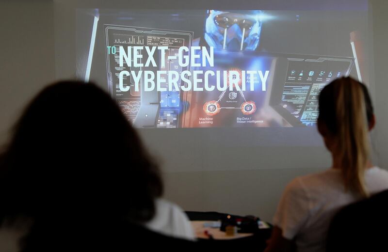 DUBAI , UNITED ARAB EMIRATES , SEP 20  ��� 2017 : - Guests watching the video presentation during the press conference of Kaspersky Lab regarding Cyber crime held at the Media One hotel in Dubai Media City in Dubai. ( Pawan Singh / The National ) Story by Nawal