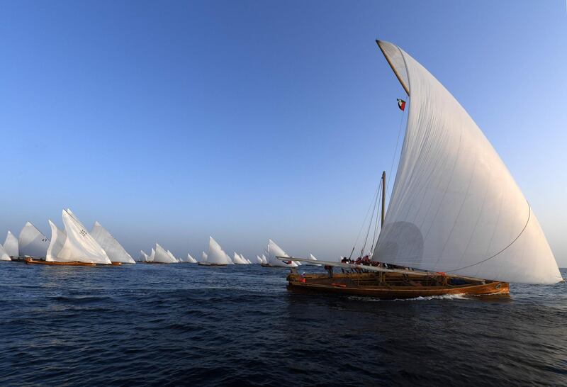 Sailors participate in the annual long-distance dhow sailing race, known as Al Gaffal, near Sir Abu Nair island towards Dubai. AFP