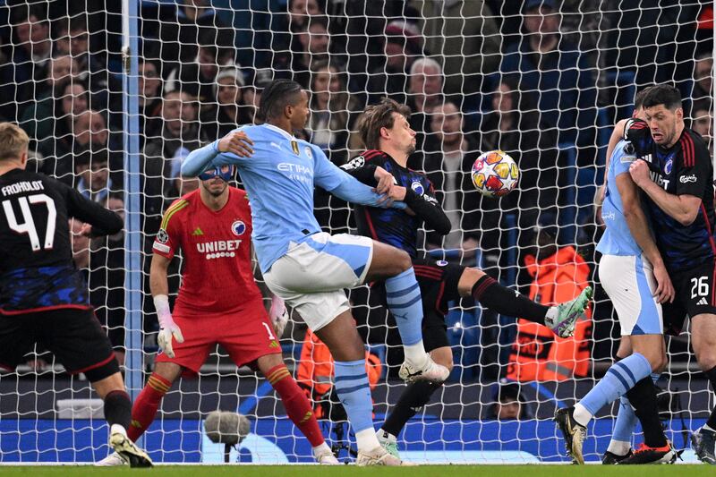 Manuel Akanji shoots to score the opening goal for Manchester City against Copenhagen. AFP