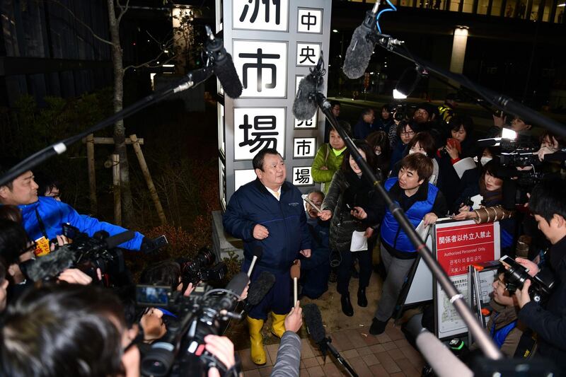 Kiyoshi Kimura, president of sushi restaurant chain Sushi-Zanmai, speaks to the media at the Toyosu Market in Tokyo. AFP