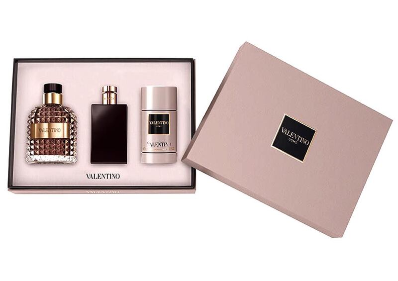 Valentino has come up with a three-in-one gift. Following the recent launch of the ­maison’s Uomo scent for men, a presentation box ­containing 100ml eau de ­toilette, shower gel and ­deodorant is now on sale. Courtesy Valentino