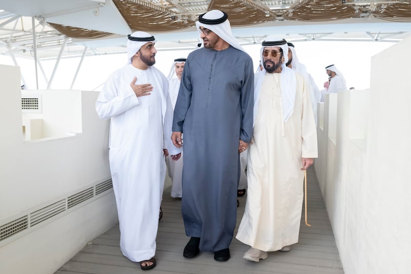 President Sheikh Mohamed with Sheikh Mohammed bin Saud Al Qasimi, left, and Sheikh Tahnoun bin Mohammed, Ruler's Representative in Al Ain Region
