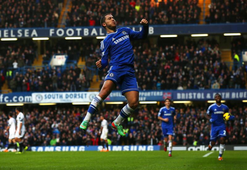 LONDON, ENGLAND - DECEMBER 26:  Eden Hazard of Chelsea celebrates scoring the first goal during the Barclays Premier League match between Chelsea and Swansea City at Stamford Bridge on December 26, 2013 in London, England.  (Photo by Warren Little/Getty Images)