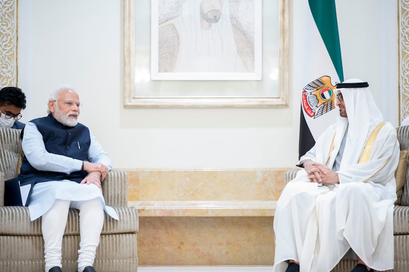 President Sheikh Mohamed with India's Prime Minister Narendra Modi. The first official reference to the UAE being home to an IIT was made in February 2022, when Sheikh Mohamed, while still Crown Prince of Abu Dhabi, and Mr Modi issued a joint vision statement. 
Photo: Ministry of Presidential Affairs 