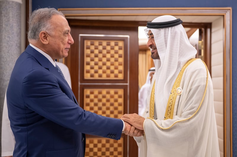 President Sheikh Mohamed greets Prime Minister of Iraq Mustafa Al Kadhimi during the Jeddah Security and Development Summit.