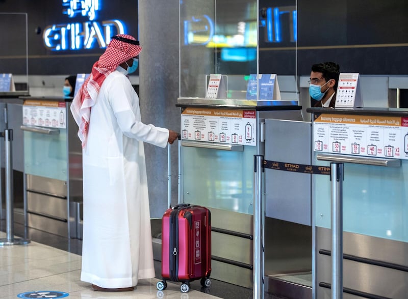 Abu Dhabi, United Arab Emirates, July 8, 2020.   Abu Dhabi International Airport Media Tour by Etihad.  The Etihad Check-In counter area.Victor Besa  / The NationalSection:  NA Reporter: