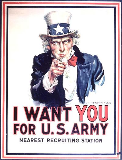 This image obtained 23 March, 2005 shows Uncle Sam on a US Army recruiting poster.The famous poster was used extensively in World War I and World War II to attract recruits. The US Army expects to fall short of its recruiting goals for March and April and plans an appeal to patriotism to blunt the effects of the war in Iraq on attitudes toward military service, Army Secretary Francis Harvey said 23 March, 2005. The active army fell short of its monthly recruiting goal for the first time in five years in February, attracting only 94 percent of expected recruits. The army reserve attracted only 90 percent of expected recruits, and the National Guard, only 75 percent. The army's goal is to recruit 80,000 new soldiers by September 30, up from 77,000 in the last fiscal year and 68,000 in fiscal year 2003. AFP PHOTO/HO (Photo by STR / HO / AFP)