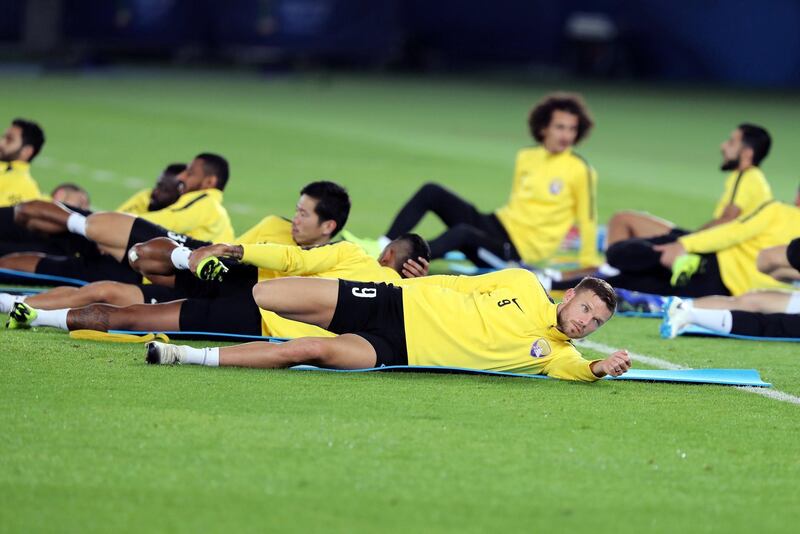 Abu Dhabi, United Arab Emirates - December 21, 2018: Marcus Berg of Al Ain trains ahead of the Fifa Club World Cup final. Friday the 21st of December 2018 at the Zayed Sports City Stadium, Abu Dhabi. Chris Whiteoak / The National