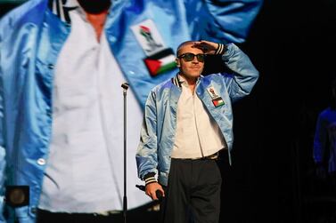 Macklemore dons support for Palestine on his jacket as he performs in Auckland, New Zealand on May 9. Getty Images