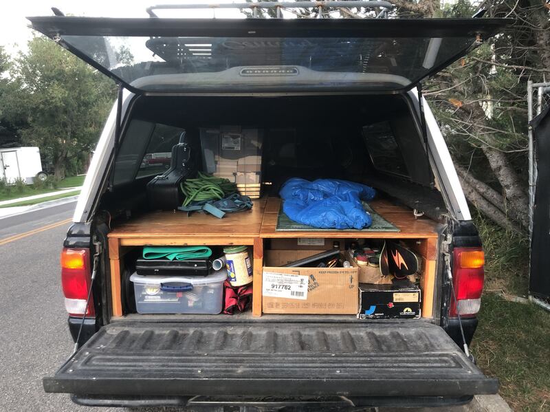 The back of Cody Cottier's 1999 Ford Ranger pick up track has been converted into his sleeping space. Photo: Cody Cottier