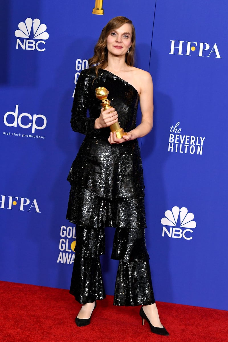 Hildur Guðnadottir poses with her award for Best Original Score - Motion Picture for 'Joker' during the 77th annual Golden Globe Awards on January 5, 2020, at The Beverly Hilton hotel in Beverly Hills, California. AFP