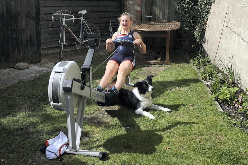 WALLINGFORD, ENGLAND - APRIL 07:  (EDITOR'S NOTE: Alternative crop of image #1217758434) Rower Jess Leyden of the Great Britain Rowing Team trains at Home in Isolation on April 07, 2020 in Wallingford, England.  The coronavirus and the disease it causes, COVID-19, are having a fundamental impact on society, government, sports and the economy in United Kingdom. As all sports events in United Kingdom have been cancelled athletes struggle to continue their training as usual. (Photo by Naomi Baker/Getty Images)