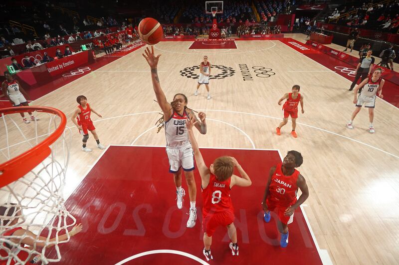 USA's Brittney Griner goes to the basket in the women's final basketball match against Japan at the Saitama Super Arena in Saitama.