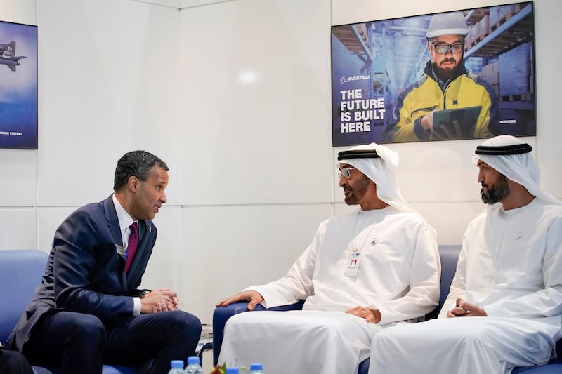 ABU DHABI, UNITED ARAB EMIRATES - February 18, 2019: HH Sheikh Mohamed bin Zayed Al Nahyan, Crown Prince of Abu Dhabi and Deputy Supreme Commander of the UAE Armed Forces (C) meets with Marc Allen, President of Boeing International (L), during the 2019 International Defence Exhibition and Conference (IDEX), at Abu Dhabi National Exhibition Centre (ADNEC). Seen with HE Mohamed Mubarak Al Mazrouei, Undersecretary of the Crown Prince Court of Abu Dhabi (R).

( Ryan Carter / Ministry of Presidential Affairs )
---