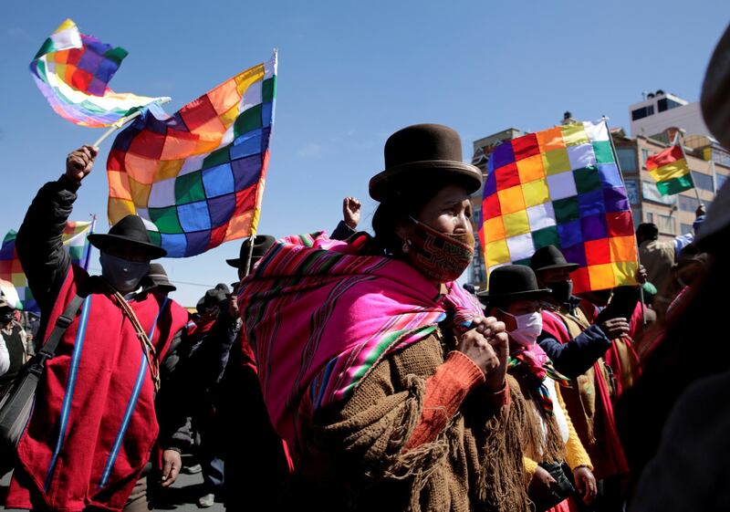 Aymara indigenous people attend a rally demanding Bolivia's President Jeanine Anez's resignation, amid the coronavirus pandemic, in El Alto, on the outskirts of La Paz. Reuters