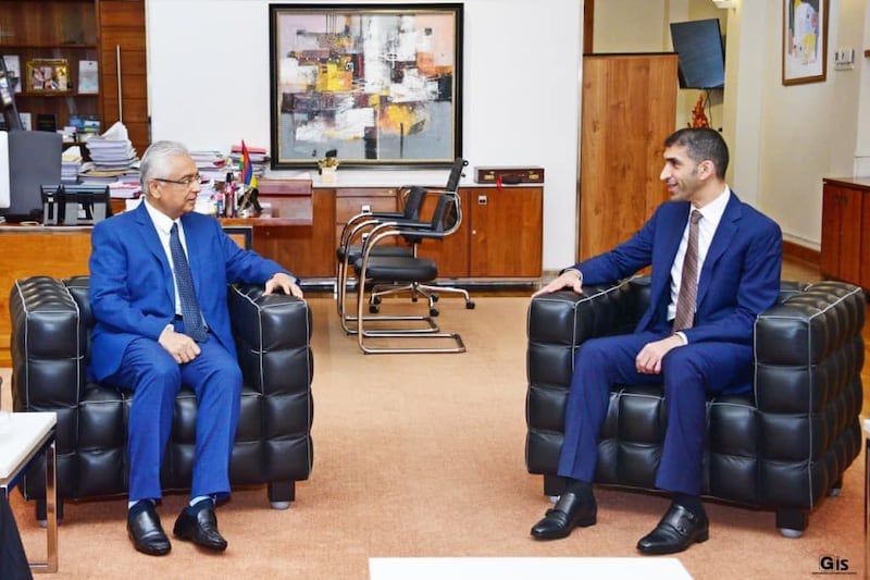 Dr Thani Al Zeyoudi, UAE Minister of State for Foreign Trade, and Pravind Jugnauth, Prime Minister of Mauritius, discuss the opportunities of the Cepa deal in Mauritius. Photo: Dubai Media Office