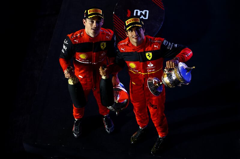 Race winner Charles Leclerc and second placed Carlos Sainz on the podium. Getty
