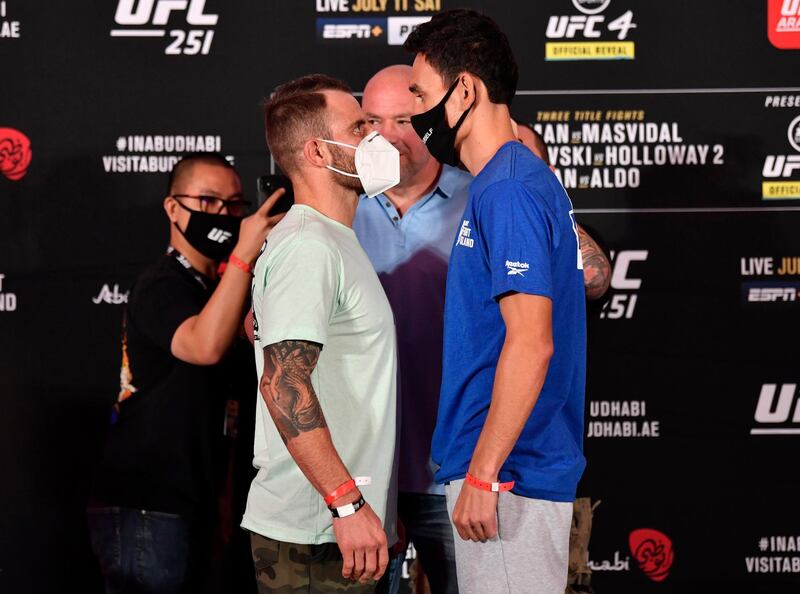 ABU DHABI, UNITED ARAB EMIRATES - JULY 10: (L-R) Opponents Alexander Volkanovski of Australia and Max Holloway face off during the UFC 251 official weigh-in inside Flash Forum at UFC Fight Island on July 10, 2020 on Yas Island Abu Dhabi, United Arab Emirates. (Photo by Jeff Bottari/Zuffa LLC)