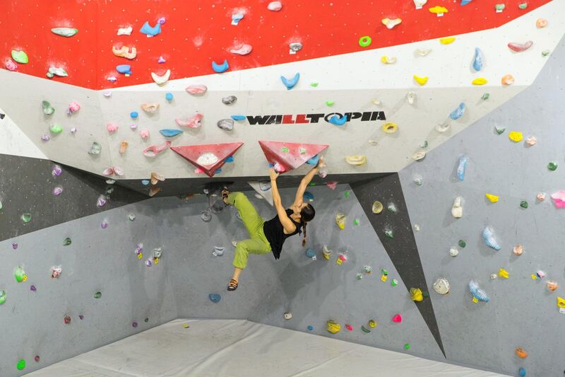 Dubai, United Arab Emirates, August 26, 2017:  Homai Far of Iran competes during the finals of the  Boulder Bash climbing competition at Rock Republic climbing gym in the Dubai Investment Park area of Dubai on August 26, 2017. Bouldering is a form of climbing, that has no ropes, but focuses on very physical and technical problems closer to the ground and is one of the three disciplines that will be included in the 2020 Olympics. Christopher Pike / The National

Reporter: Roberta Pennington
Section: News