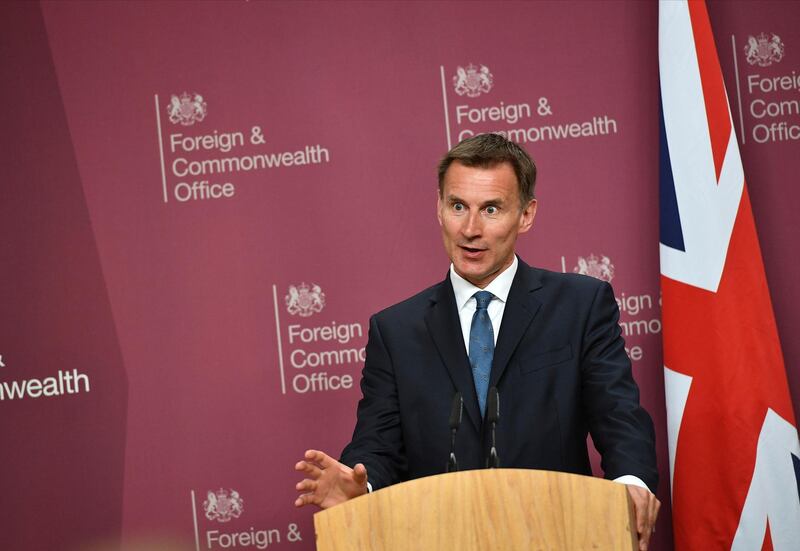 Britain's Foreign Secretary Jeremy Hunt speaks during a joint press conference with US Secretary of State Mike Pompeo at the Foreign Office in central London, Wednesday May 8, 2019. U.S. Secretary of State Mike Pompeo is in London for talks with British officials on the status of the special relationship between the two nations amid heightened tensions with Iran and uncertainty over Britain's exit from the European Union. (Mandel Ngan/Pool via AP)
