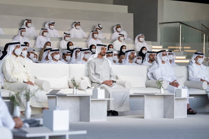 Sheikh Mohamed bin Zayed, centre, with, front row from left, Sheikh Abdullah bin Rashid Al Mu'alla, Deputy Ruler of Umm Al Quwain, Sheikh Saif bin Zayed and Sheikh Khaled bin Zayed.