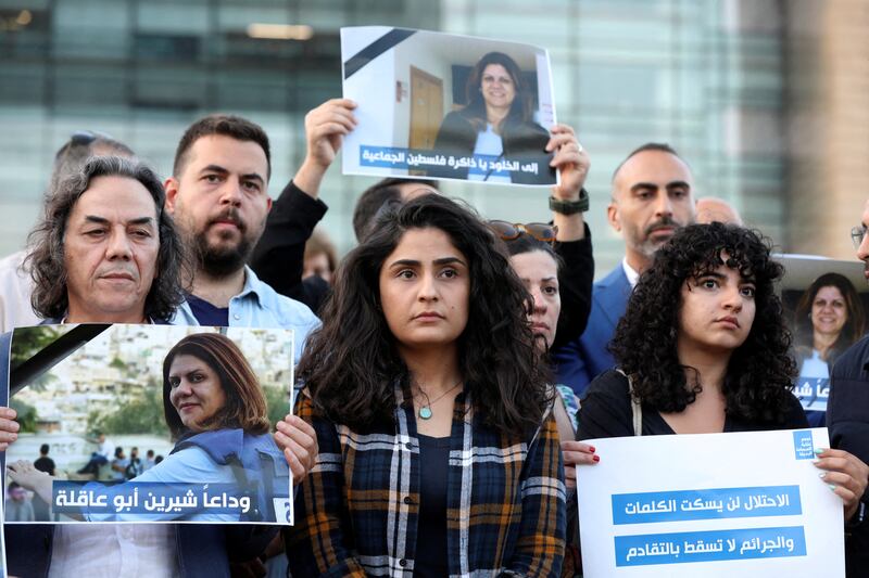 Lebanese journalists in Beirut hold tributes to Abu Akleh in Beirut. Reuters