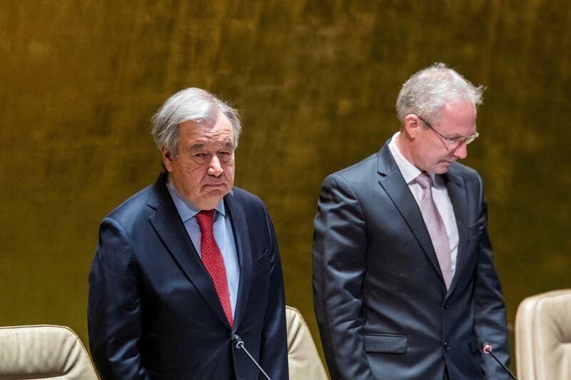 UN Secretary General Antonio Guterres during a minute of silence for the victims of the earthquake in Turkey and Syria on Monday. Reuters
