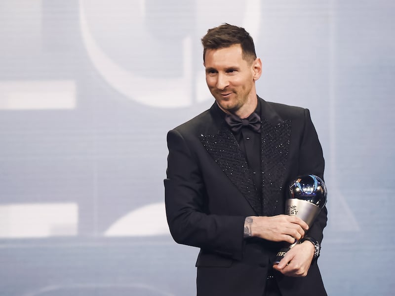 Argentina's Lionel Messi of Paris Saint-Germain with his award for the Best Fifa Men's Player at a ceremony in Paris, France, on February 27, 2023. EPA