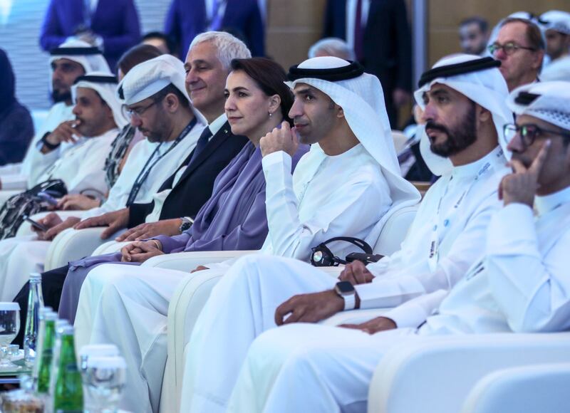 Ministers and speakers at the conference in Abu Dhabi on Thursday morning. Victor Besa / The National