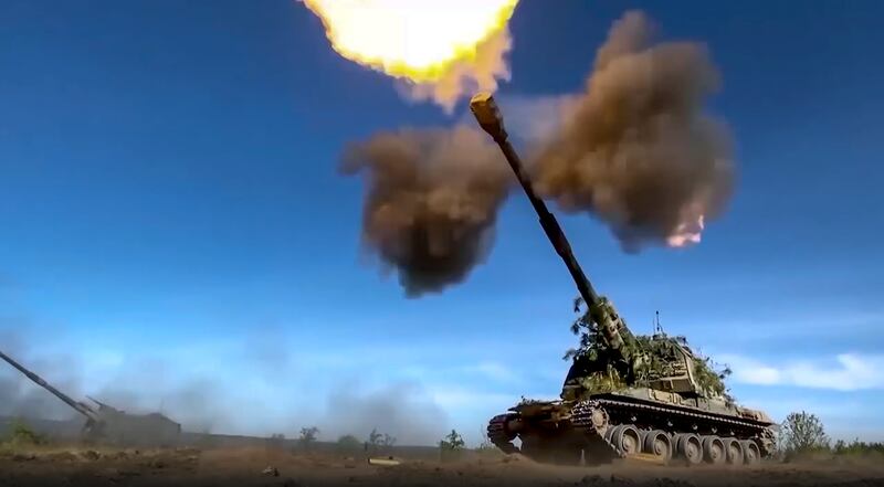 Russian artillery fires at Ukrainian positions in an undisclosed location. AP
