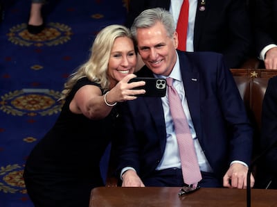 Marjorie Taylor Greene with US House Republican Leader Kevin McCarthy, on January 07, in Washington. Getty Images / AFP