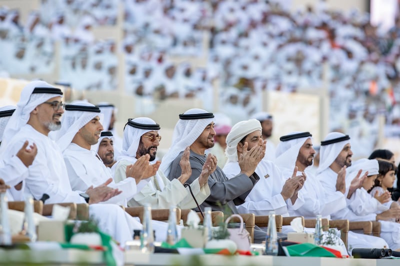 Sheikh Mohamed is joined by Sheikh Khaled bin Mohamed, Member of Abu Dhabi Executive Council and Chairman of Abu Dhabi Executive Office; Sheikh Khaled bin Zayed, Chairman of the Board of the Zayed Higher Organisation for Humanitarian Care and Special Needs; Sheikh Tahnoon bin Mohamed, Ruler's Representative in Al Ain Region; and Sheikh Hamdan bin Zayed, Ruler’s Representative in Al Dhafra Region. Mohamed Al Hammadi / Presidential Court 