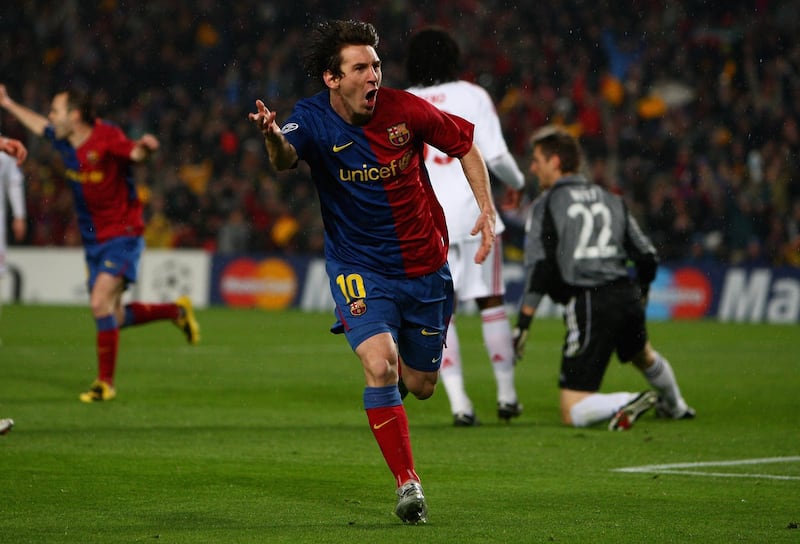 BARCELONA, SPAIN - APRIL 08:  Lionel Messi of Barcelona celebrates his goal during the UEFA Champions League quarter final first leg match between FC Barcelona and FC Bayern Munich at the Camp Nou stadium on April 8, 2009 in Barcelona, Spain.  (Photo by Jamie McDonald/Getty Images)