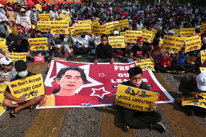 Demonstrators protest against the military coup in Yangon. REUTERS