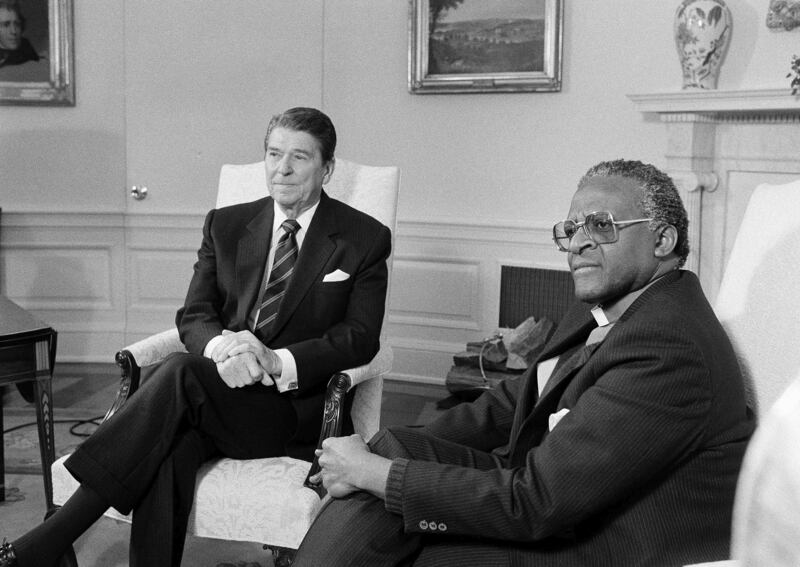 Former US president Ronald Reagan meets the anti-Apartheid activist at the White House in 1984.  AP