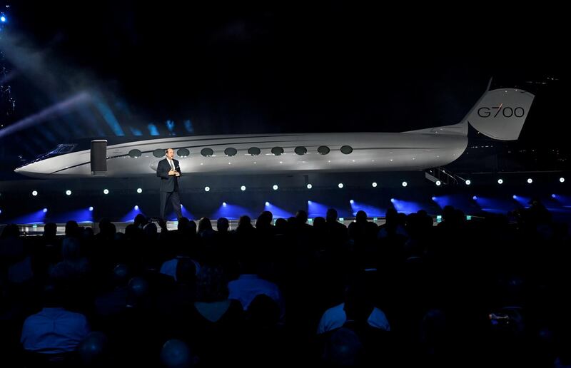 Gulfstream Aerospace Corp. President Mark Burns speaks during the unveiling of the company's new G700 business jet during a news conference at the National Business Aviation Association (NBAA) exhibition in Las Vegas, Nevada, U.S. October 21, 2019.  REUTERS/David Becker     TPX IMAGES OF THE DAY