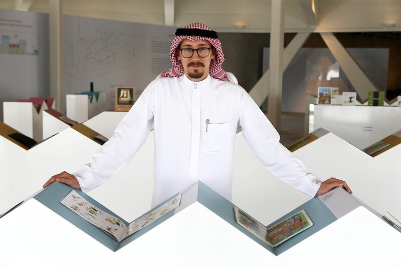 SHARJAH , UNITED ARAB EMIRATES , AUG 1 – 2017 :- Joshua Dunning , Executive of Internationals Projects at UAE Board on Books for Young People at the Silent Book Exhibition held at the Flying Saucer building in Sharjah. ( Pawan Singh / The National ) Story by Saeed Saeed