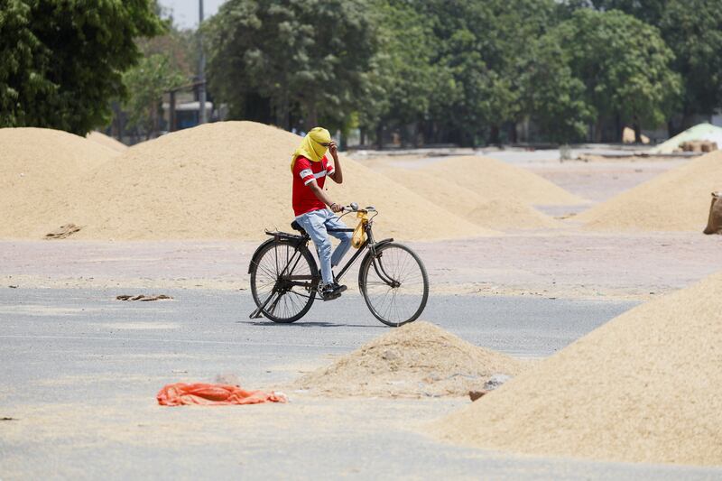 A man rides his cycle during a heatwave in Narela, New Delhi.  Reuters