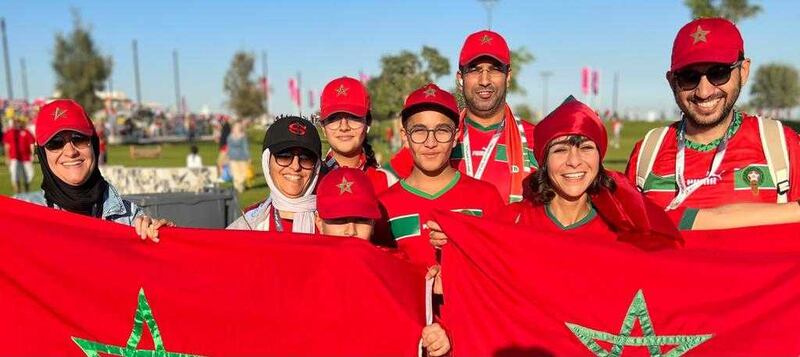 From right, Morocco fans Salah Makoudi, Hyat Makoudi, Yassine Bihi, Adam Bihi, Jad Bihi and three other women from the family who did not want to give their names after the match with Croatia. Sarah Foster / The National